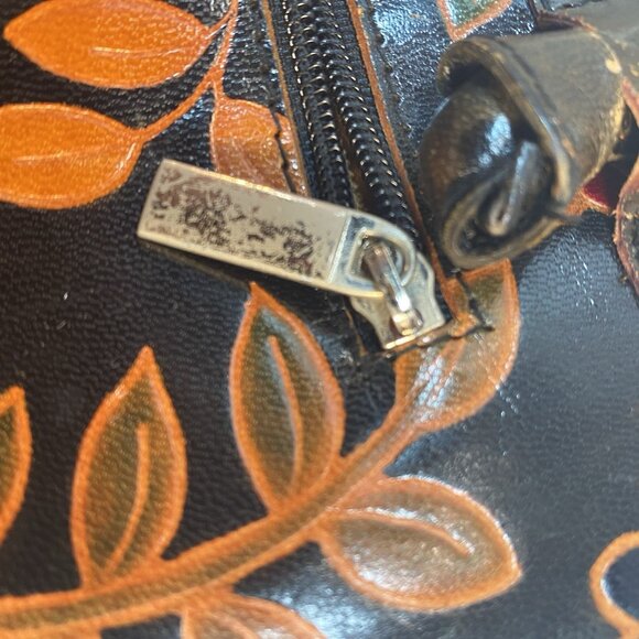 Tooled Leather Tobacco Handbag Purse Shoulder Bag Floral‎ Flowers Zipper Closure - Picture 11 of 16